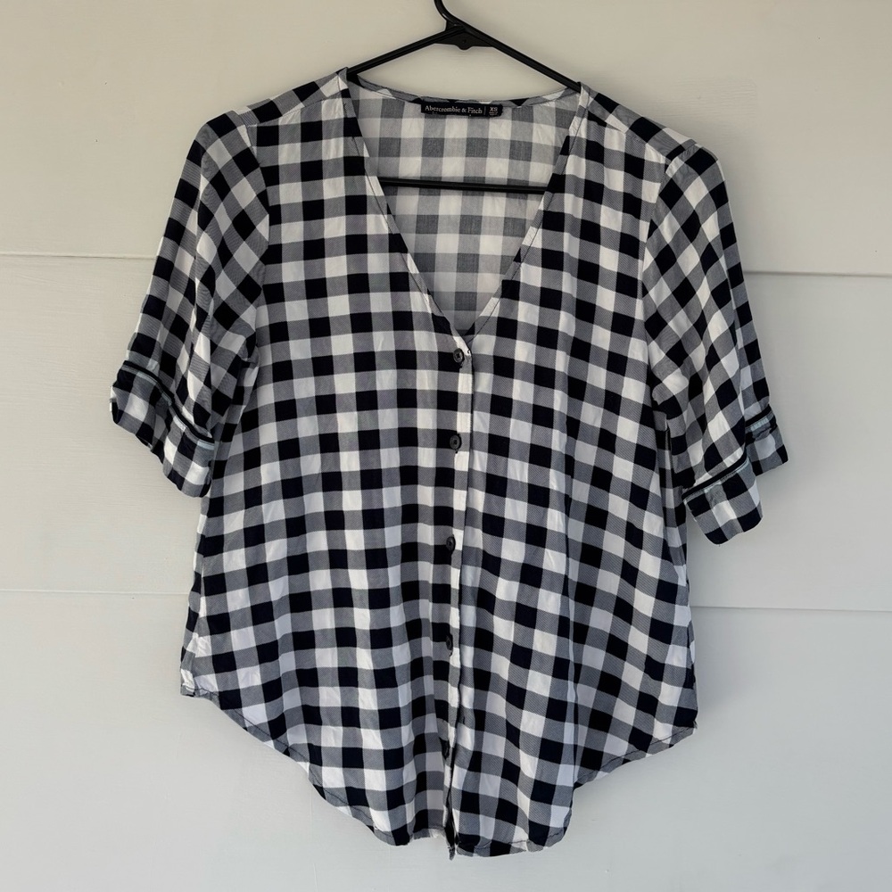 Abercrombie & Fitch Women’s XS White Black Plaid Gingham Blouse Button Up Top